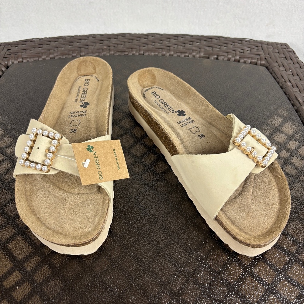 Bio Green Leather Slip On Embellished Slide Sandals Size 38/US7